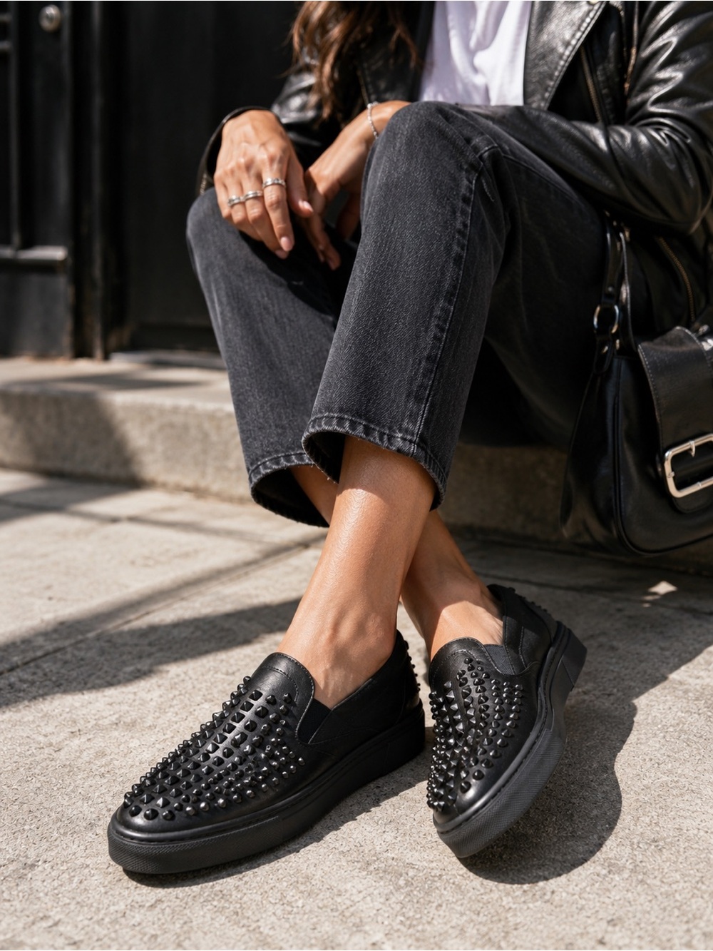 Stuart Weitzman Cullo Studded Black Leather Slip On Sneakers EU 39 US 9